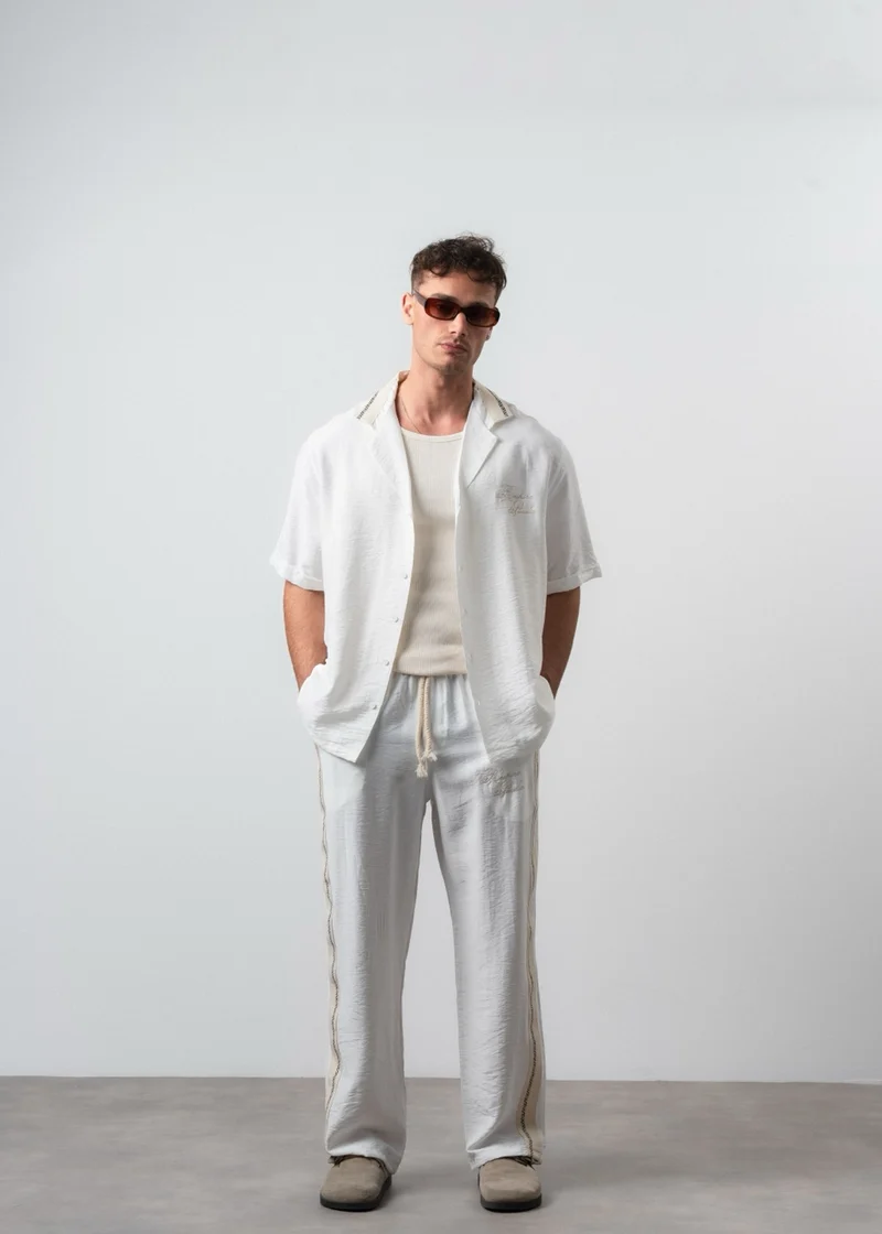 Men's Striped Detail Linen Oversize Shirt and Trousers Set, Ecru
