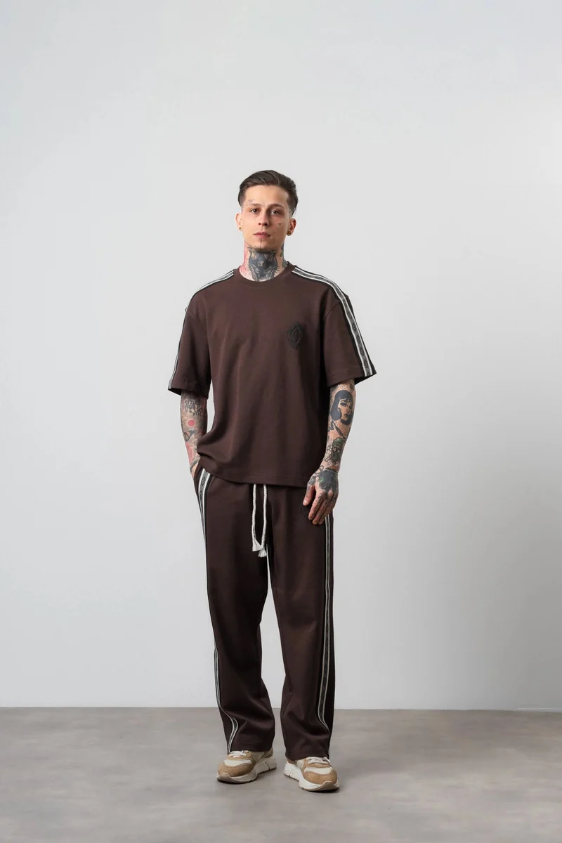 Men's Striped Detail Regular Fit Tracksuit Set, Brown