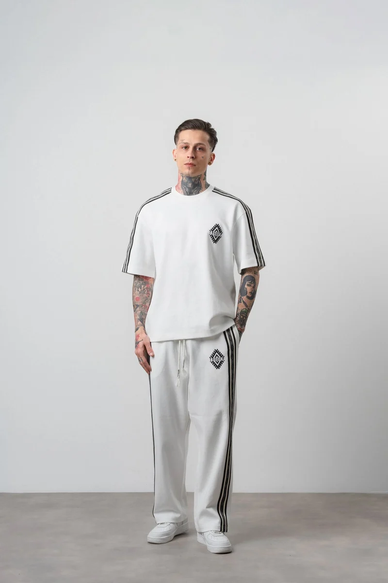Men's Striped Detail Regular Fit Tracksuit Set, Ecru