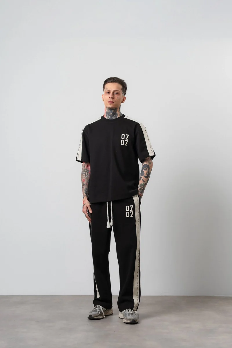 Men's 07 Striped Detail Regular Fit Tracksuit Set Black