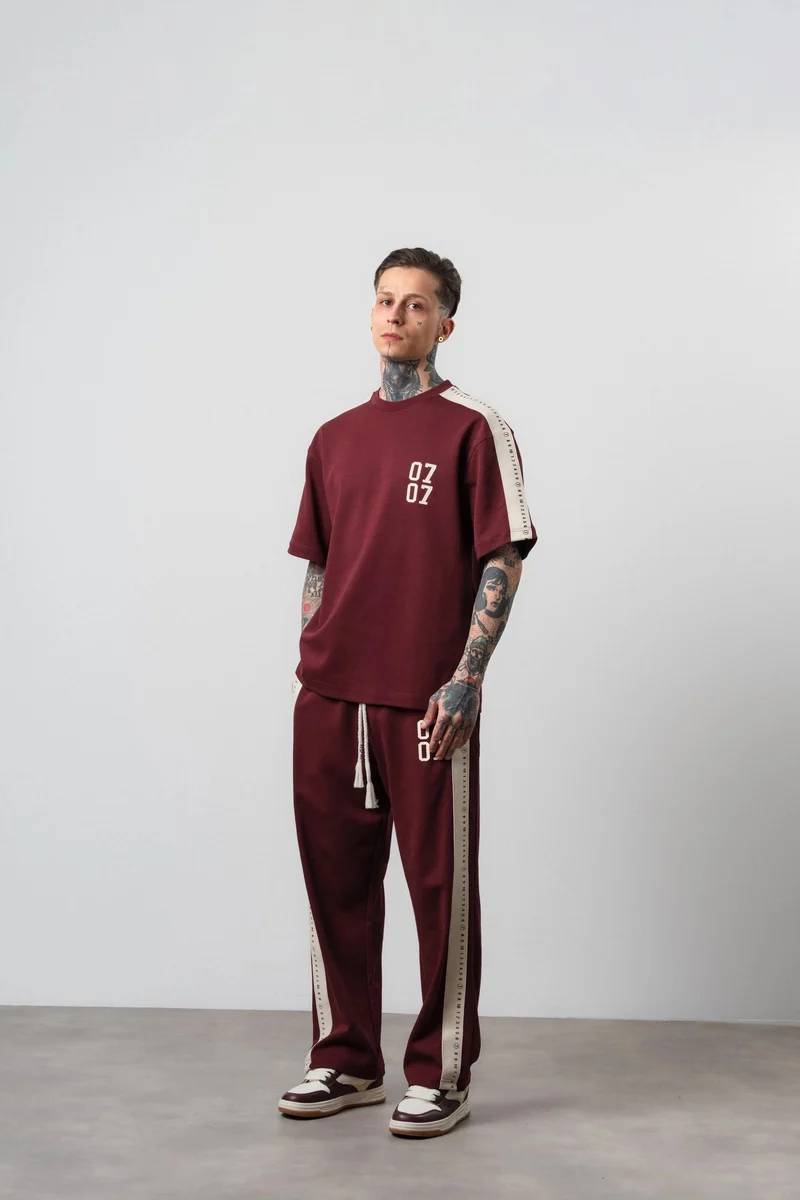 Men's 07 Striped Detail Regular Fit Tracksuit Set Burgundy