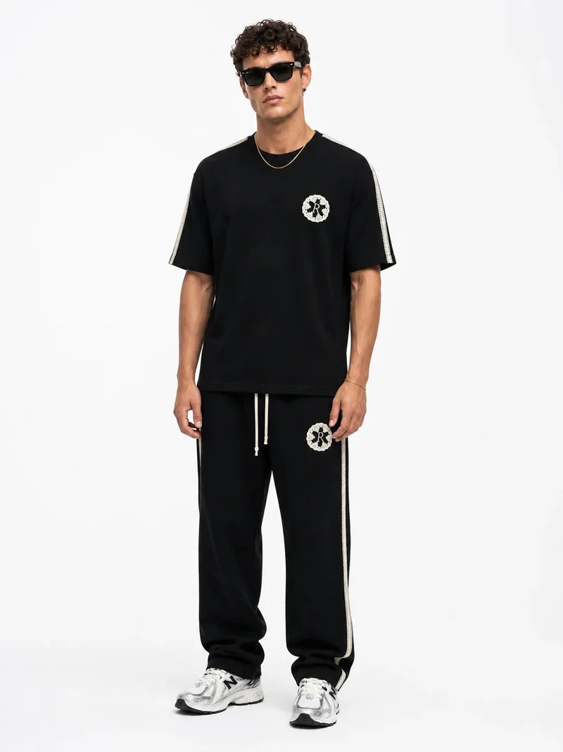 Men's Regular Fit Tracksuit Set with Embroidered Stripe Detail, Black