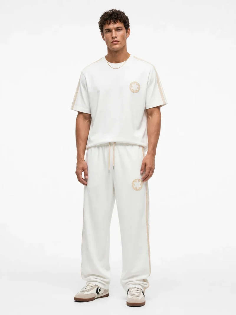 Men's Regular Fit Tracksuit Set with Embroidered Stripe Detail, Ecru