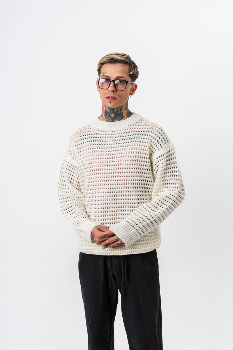 Men's Knitted Detail Sweater, Ecru