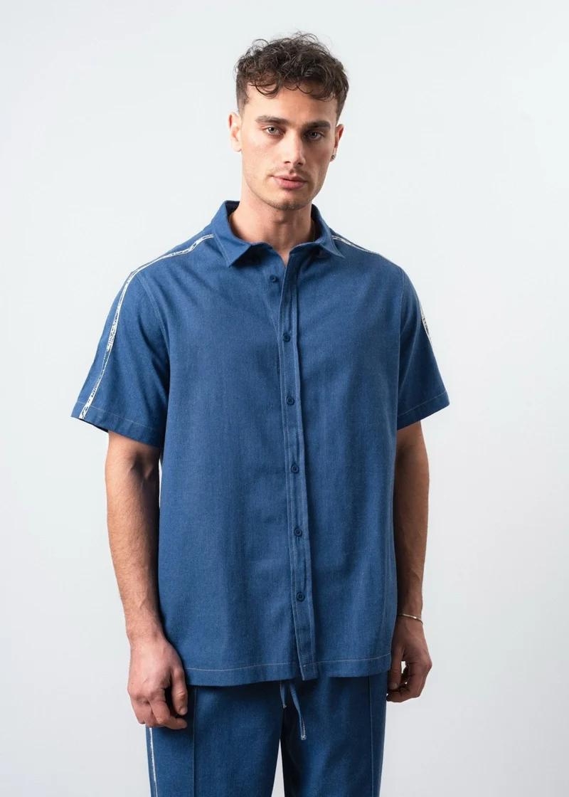 Men's Striped Detail Short-Sleeve Denim Shirt, Navy Blue