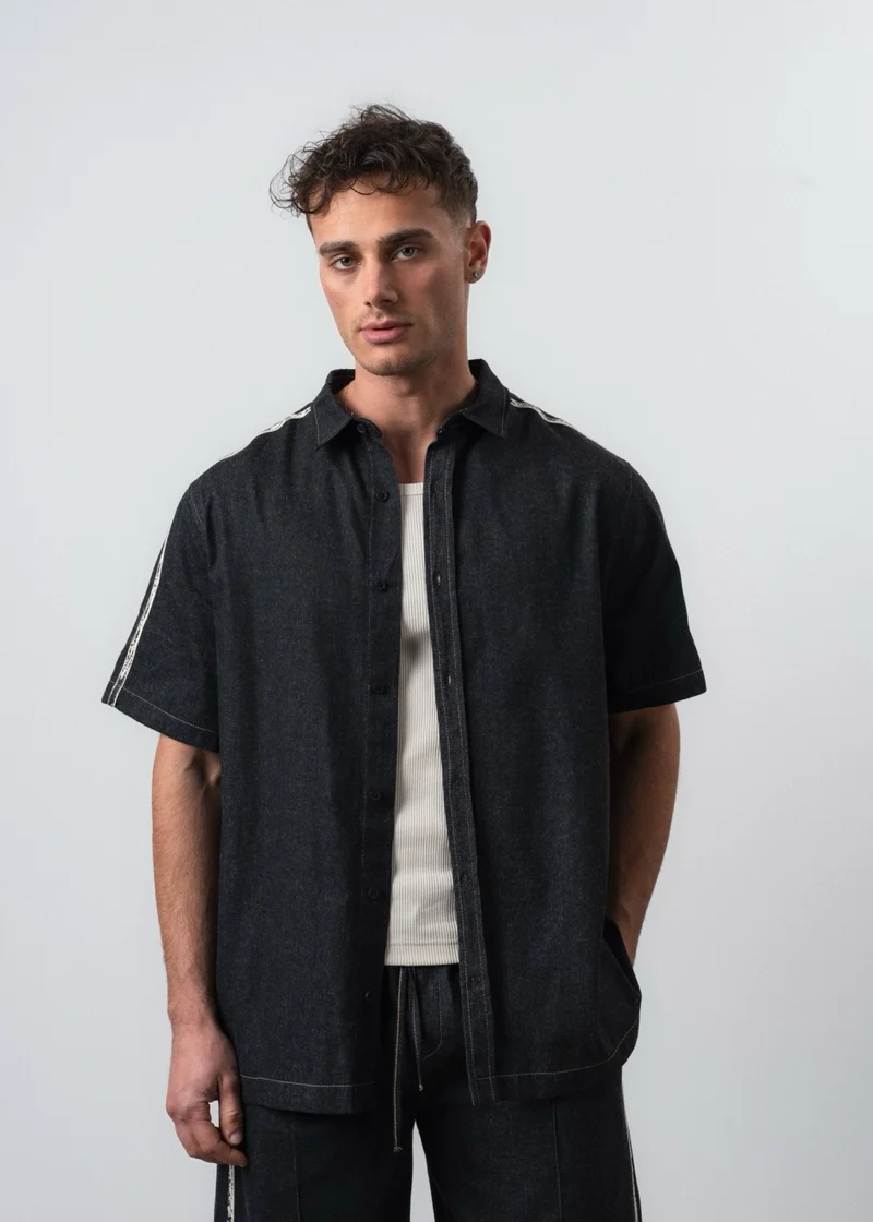 Men's Striped Detail Short-Sleeve Denim Shirt, Black