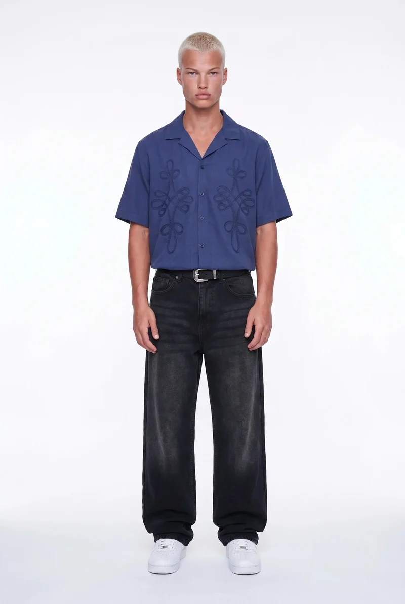 Men's Short-Sleeved Oversized Shirt with Embroidered Details Navy Blue