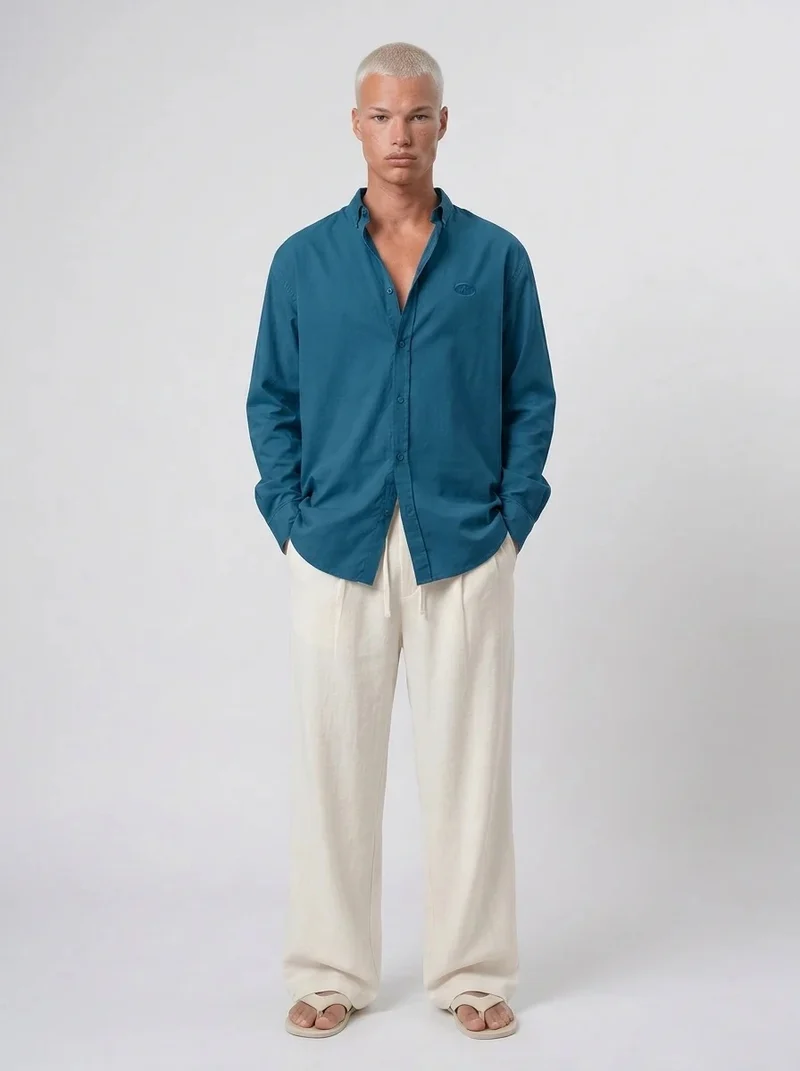 Men's Textured Plus Size Oversize Shirt Petrol