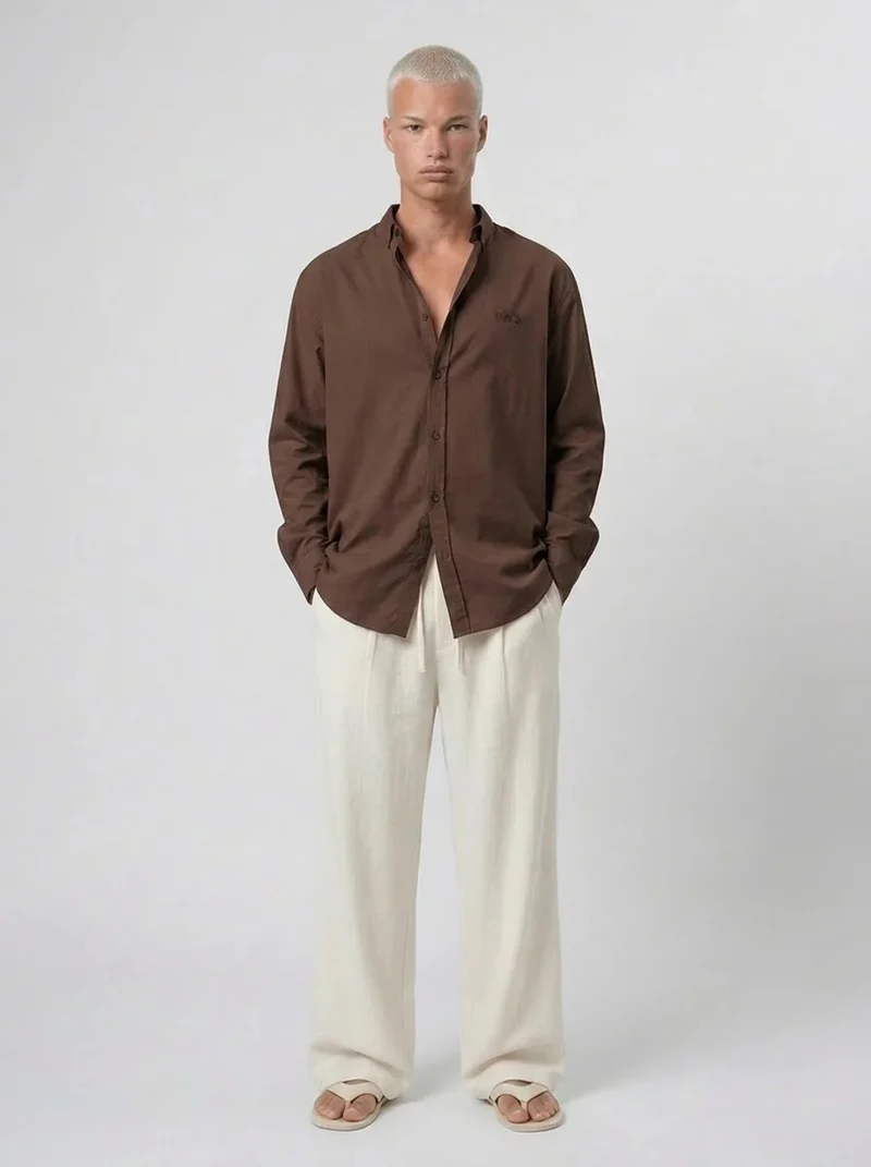 Men's Textured Plus Size Oversize Shirt Brown