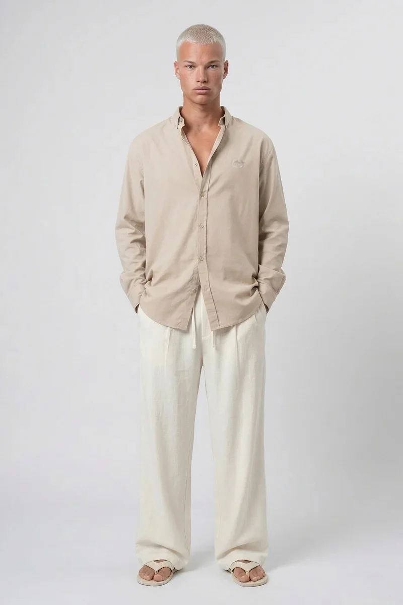 Men's Textured Plus Size Oversize Shirt Beige