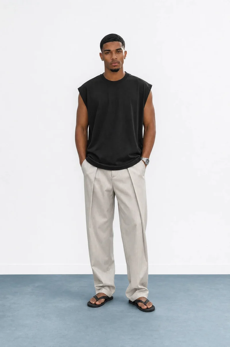 Men's Deep Pleated Fabric Buggy Trousers Beige