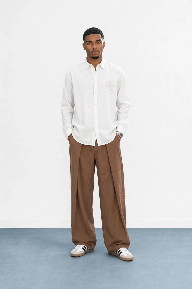 Men's Deep Pleated Fabric Buggy Trousers Brown
