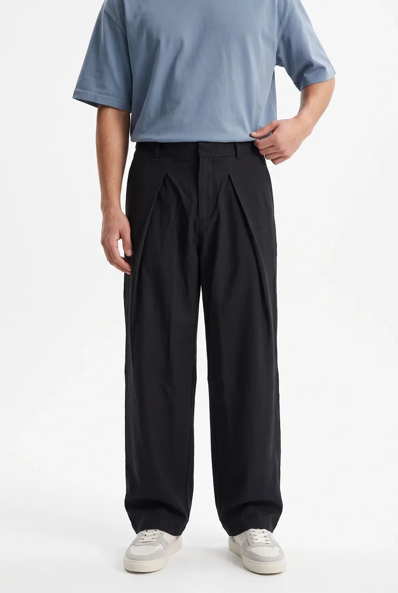 Men's Pleated Linen Baggy Pants, Black