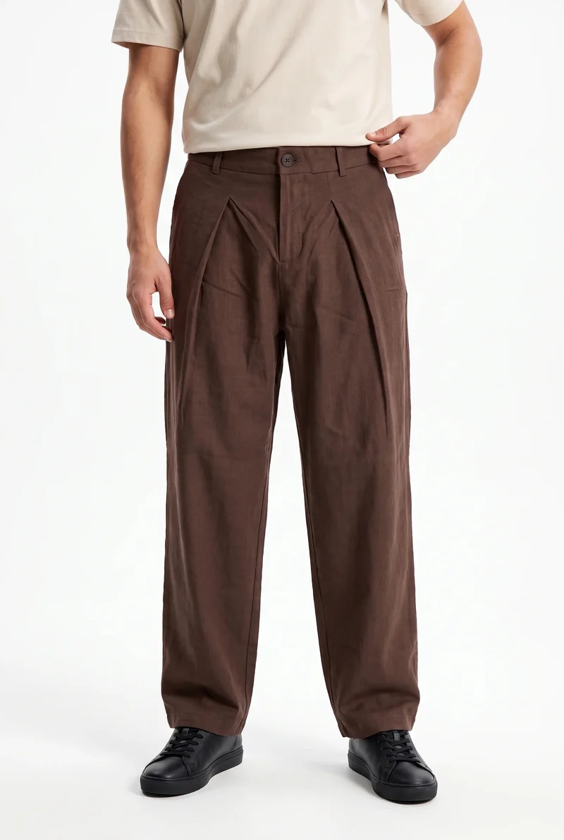 Men's Pleated Linen Baggy Pants, Brown