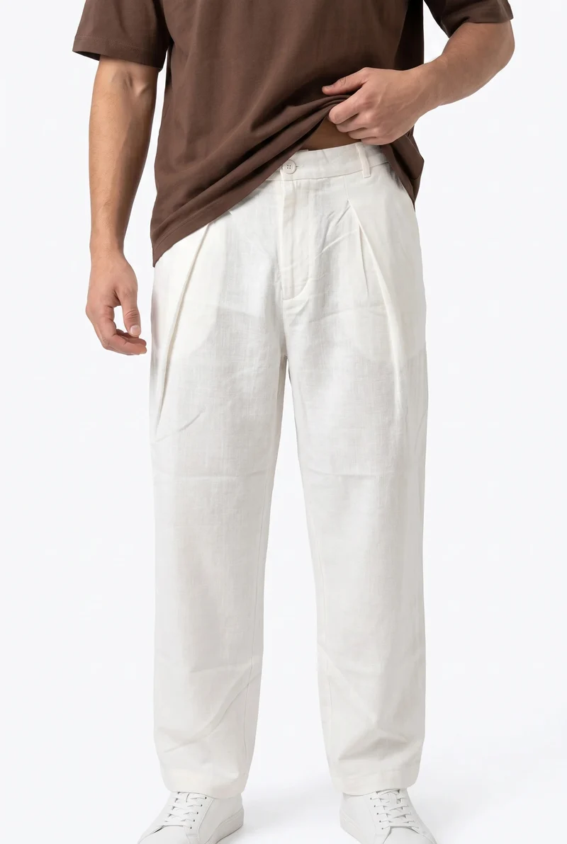 Men's Pleated Linen Baggy Pants, White