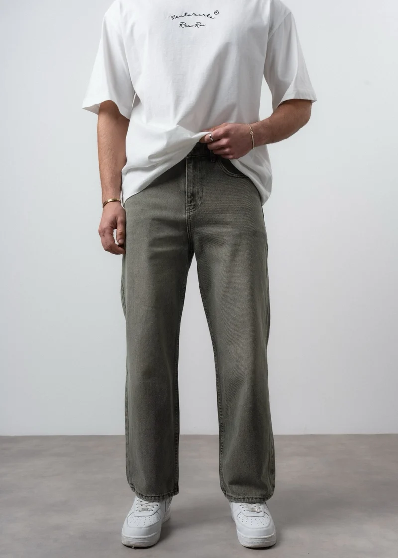 Men's Washed Detail Basic Buggy Jeans Khaki