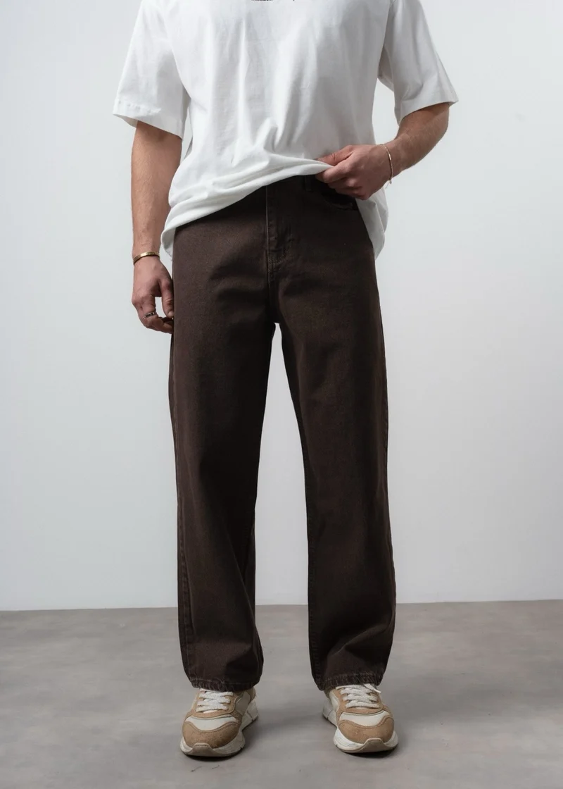 Men's Washed Detail Basic Buggy Jeans Dark Brown