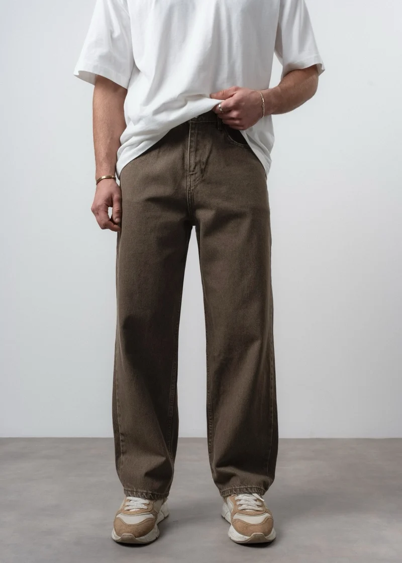 Men's Washed Detail Basic Buggy Jeans Brown