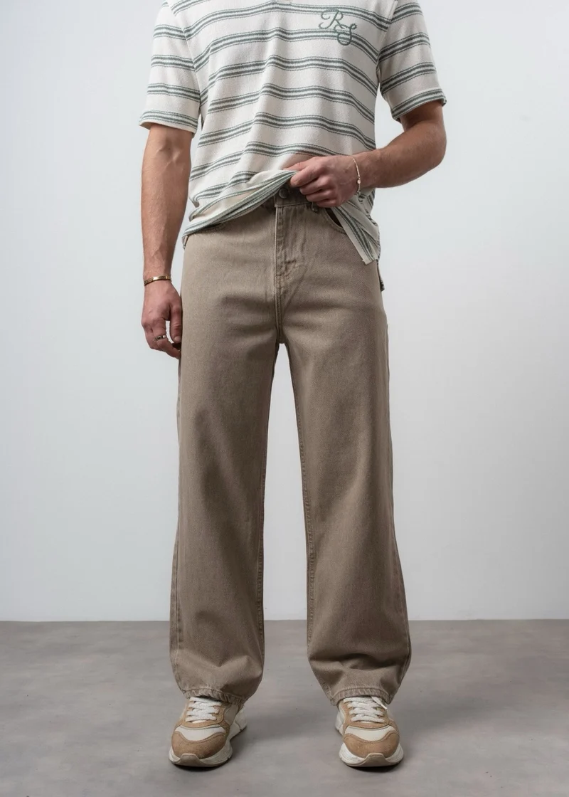 Men's Washed Detail Basic Buggy Jeans Beige
