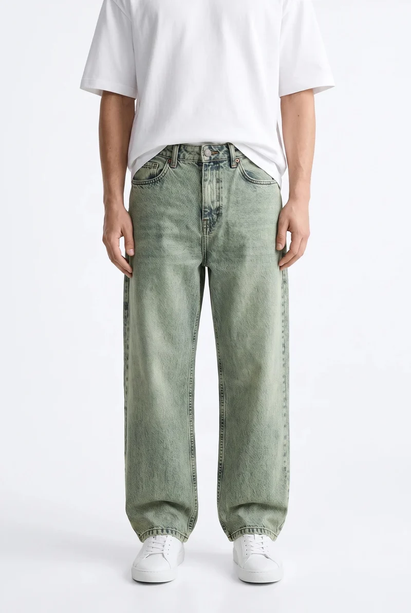 Men's Washed Detail Basic Buggy Jeans Green