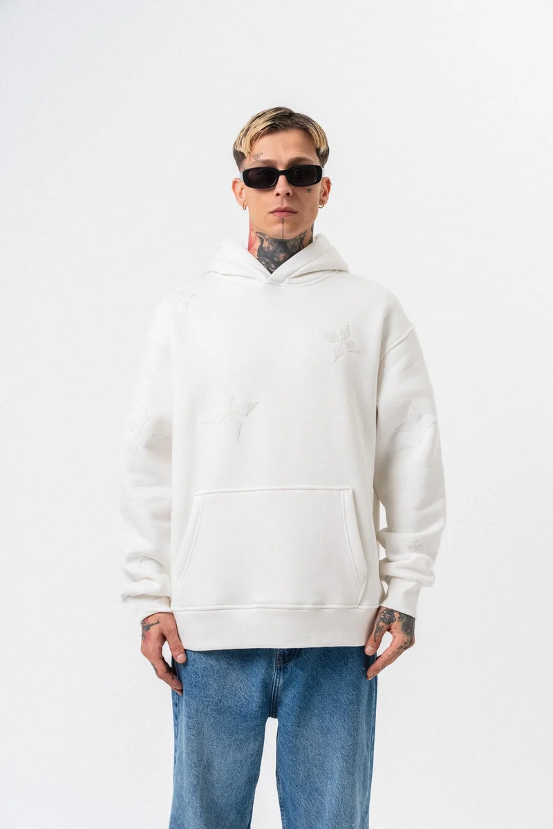 Men's Oversize Hoodie with Embroidered Detail, Ecru