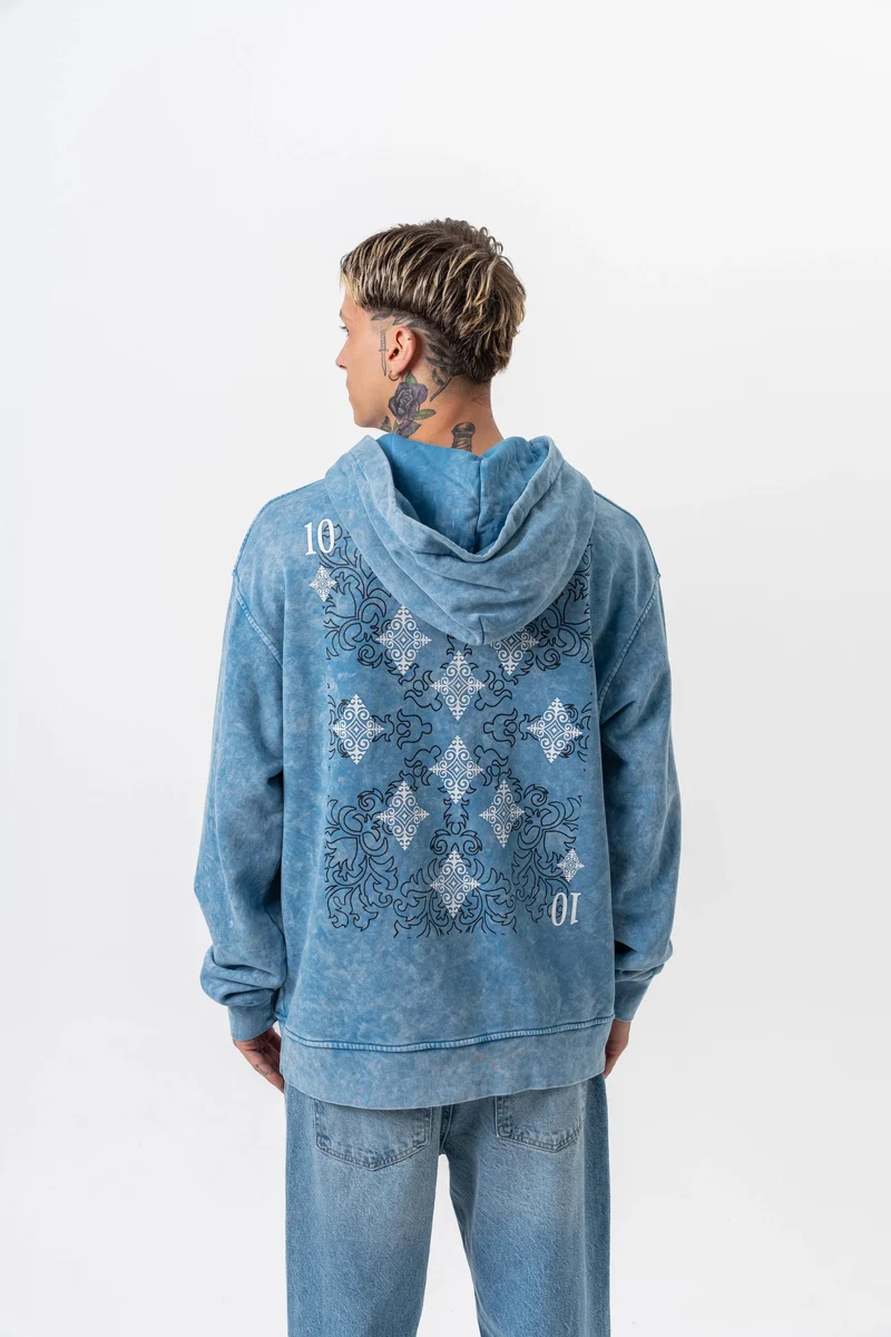 Men's 10 Print Washed Oversize Hoodie Blue