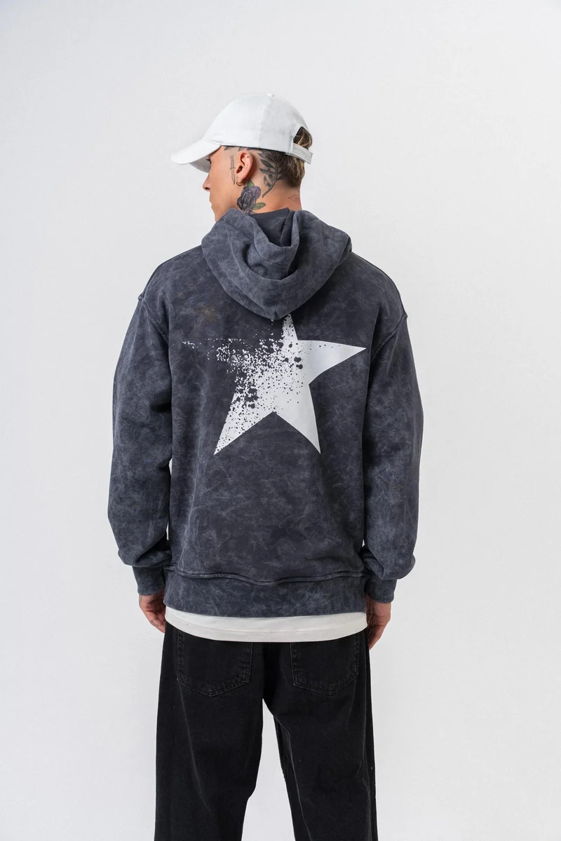 Men's Star Print Washed Oversize Hoodie Black