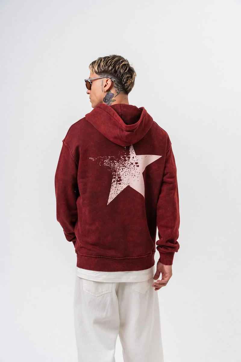 Men's Star Print Washed Oversize Hoodie Burgundy