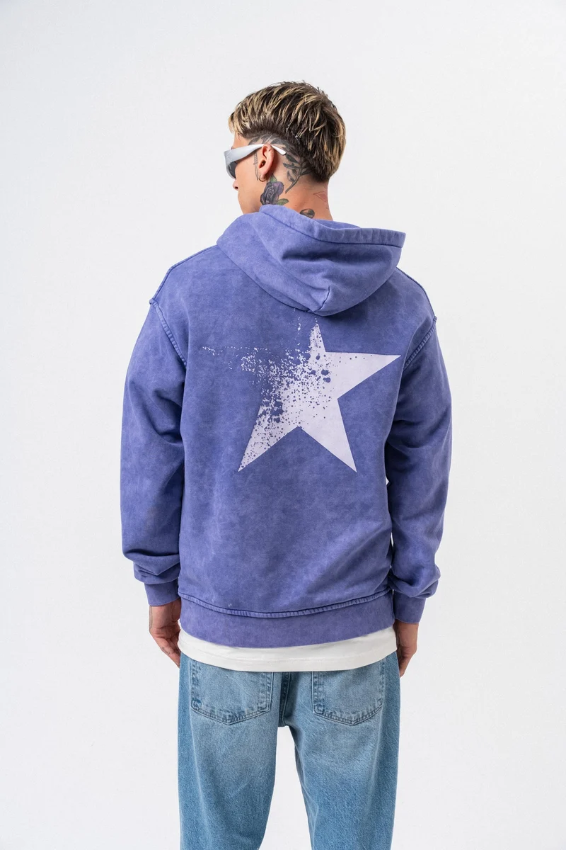 Men's Star Print Washed Oversize Hoodie Purple
