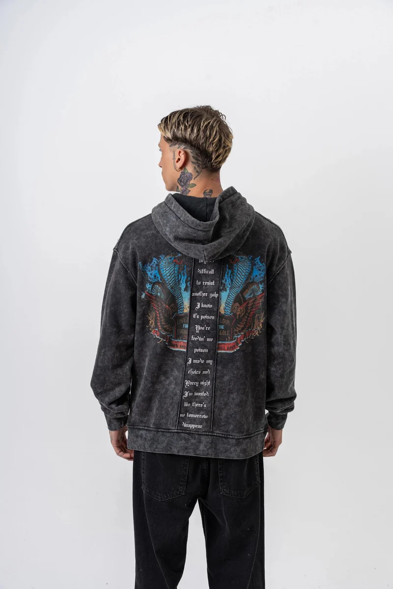 Men's Snake Print Washed Oversize Hoodie Black