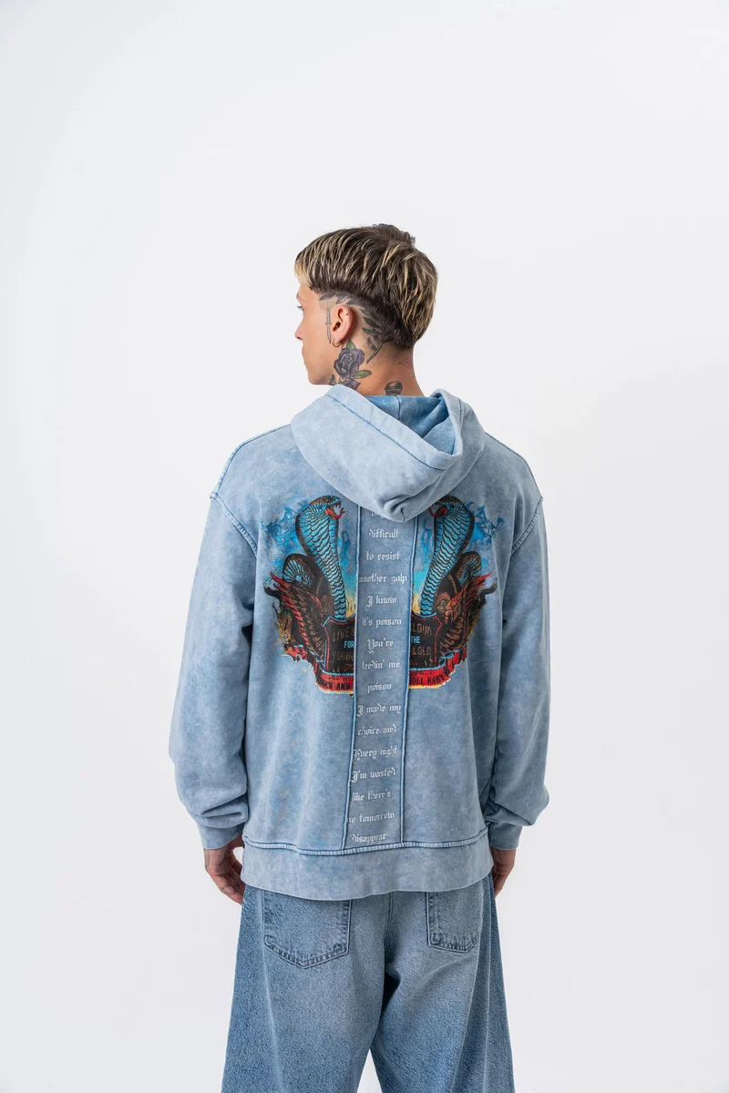Men's Snake Print Washed Oversize Hoodie Blue
