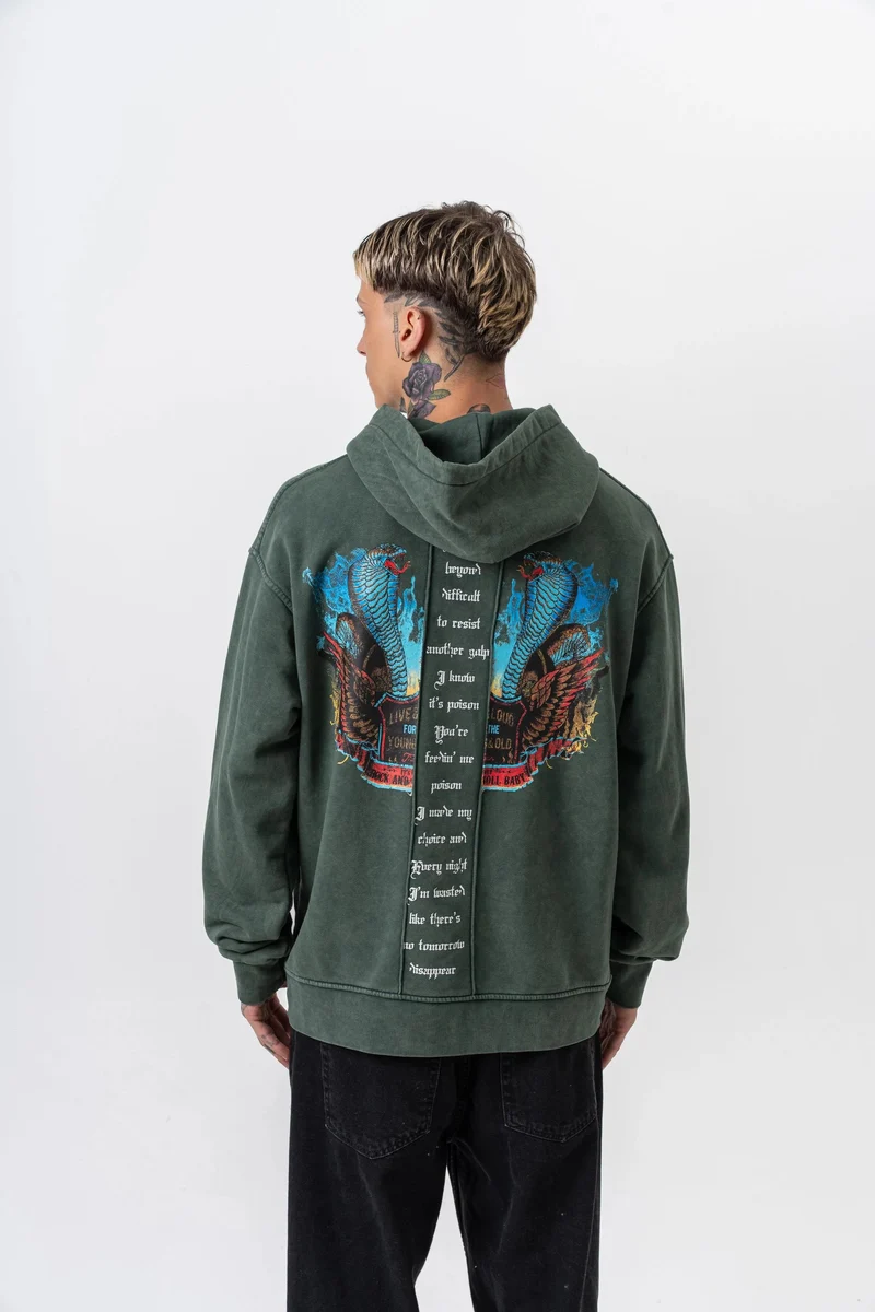 Men's Snake Print Washed Oversize Hoodie Green