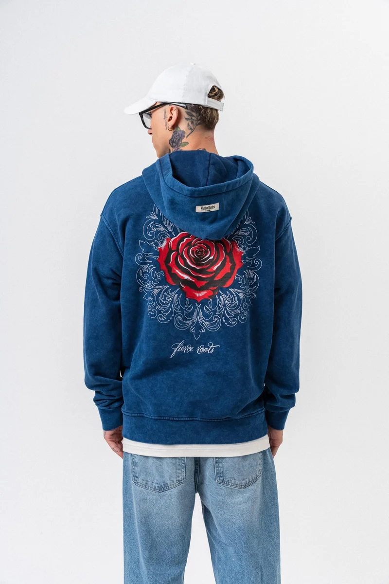 Men's Fierce Print Washed Oversize Hoodie İndigo