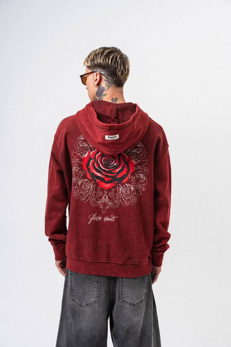 Men's Fierce Print Washed Oversize Hoodie Burgundy