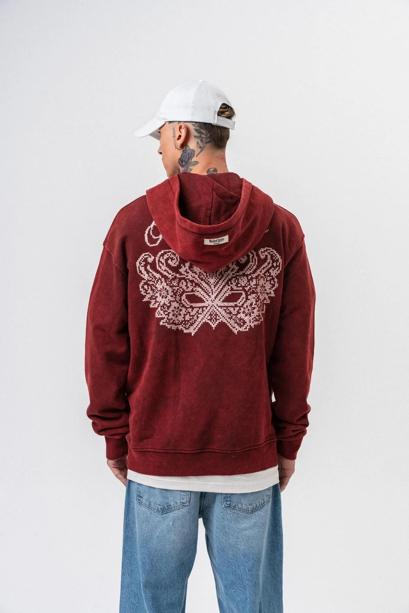 Men's Mask Of Print Washed Oversize Hoodie Burgundy