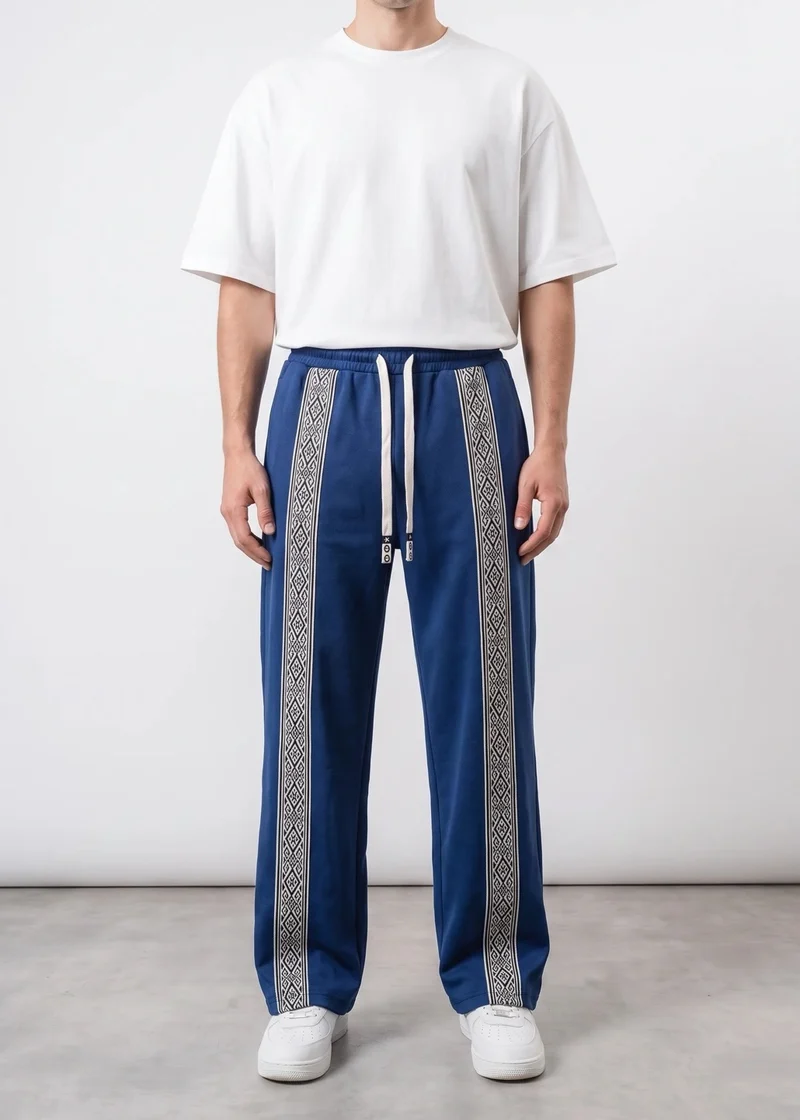Men's Ethnic Detail Double Face Baggy Sweatpants Navy Blue