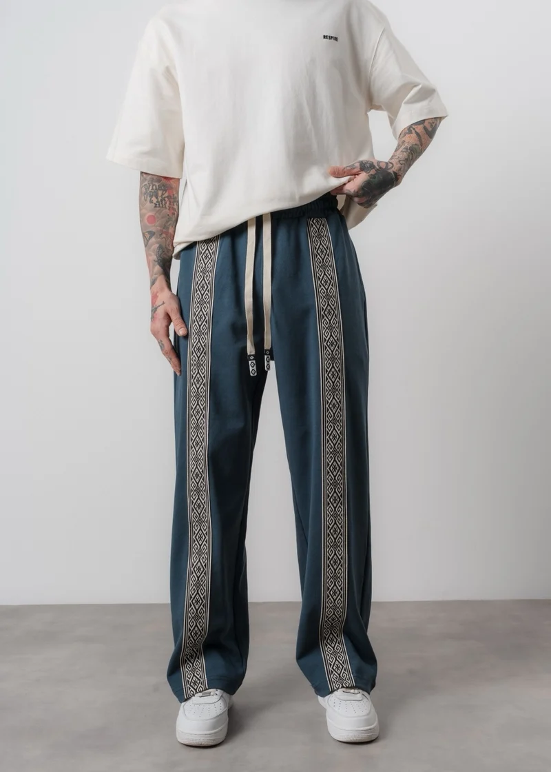 Men's Ethnic Detail Double Face Baggy Sweatpants Petrol