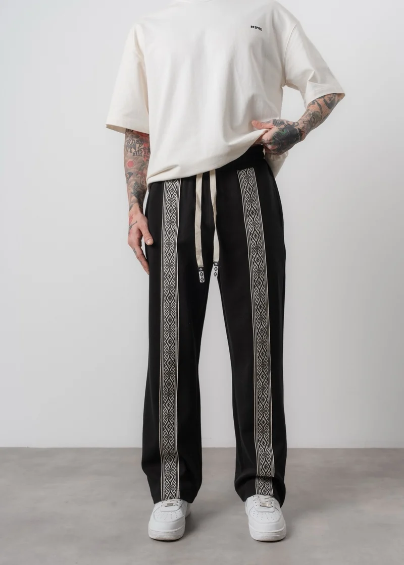 Men's Ethnic Detail Double Face Baggy Sweatpants Black