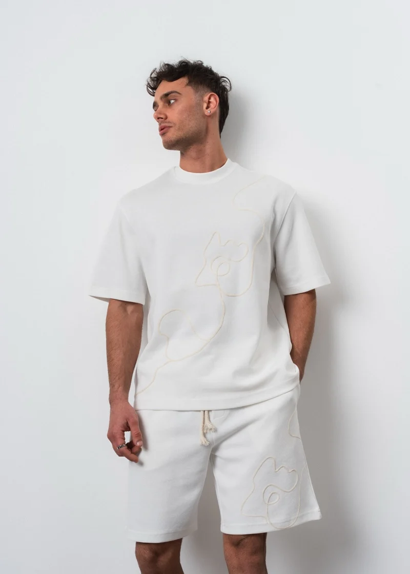Men's Embroidered Regular Fit T-Shirt and Shorts Set Ecru
