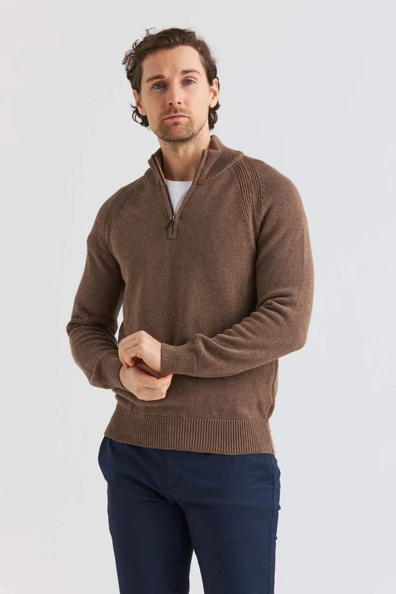 Brun Stickad Halv-Zip Tröja