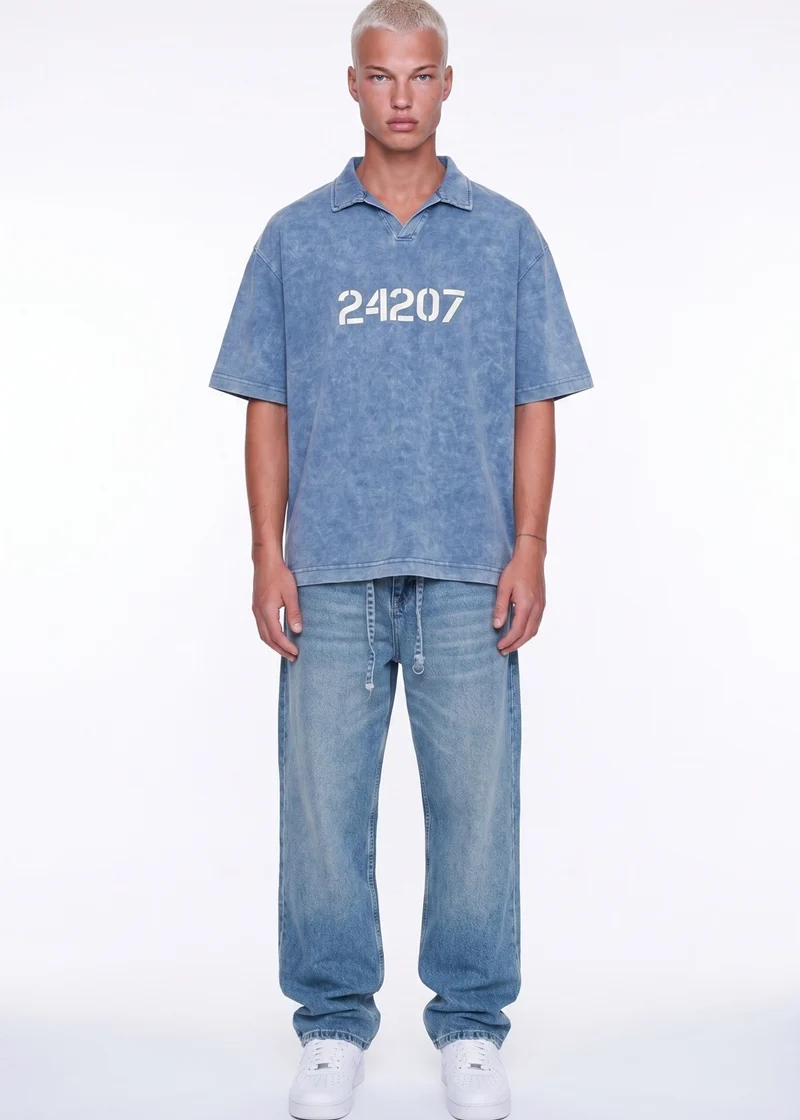 Men's 24207 Printed Washed Oversize T-Shirt Blue