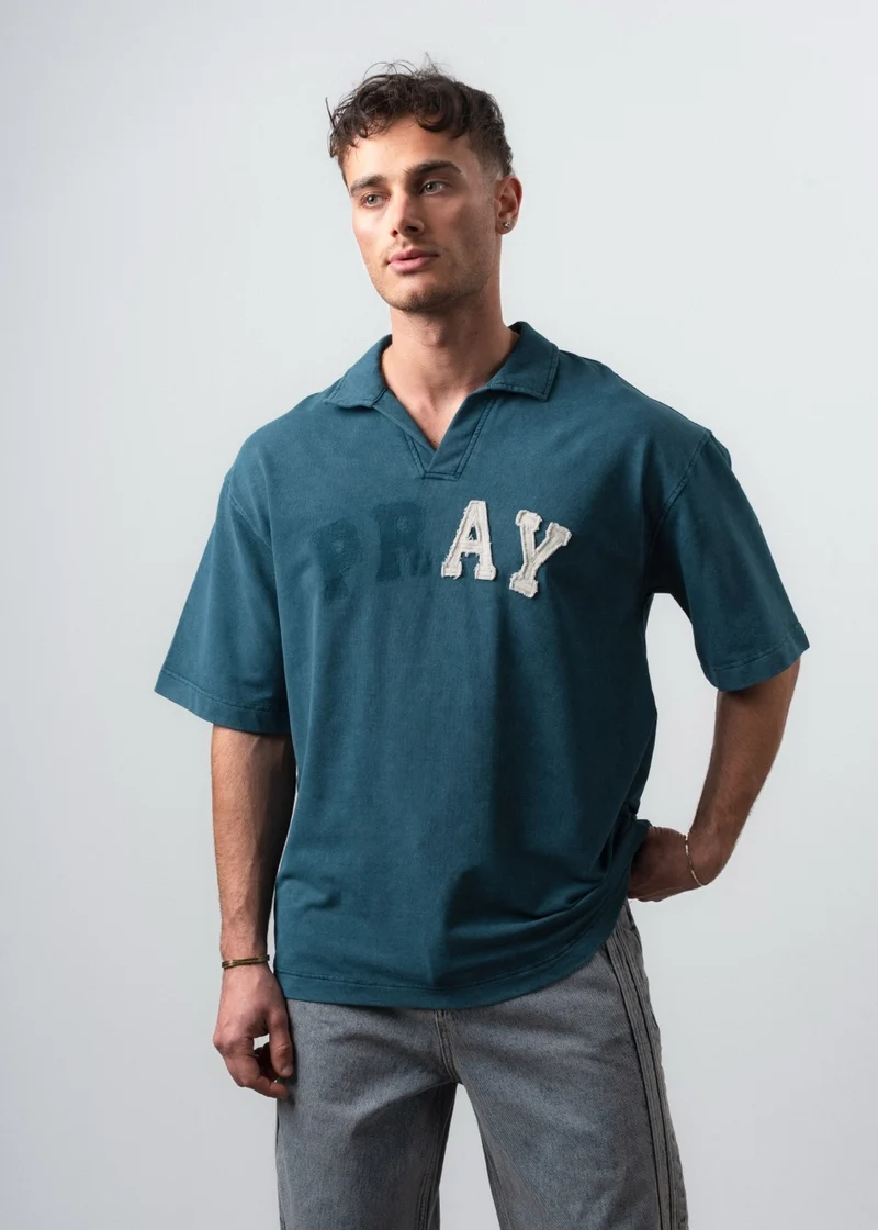 Men's Pray Embroidered Polo Collar Oversize T-Shirt Emerald