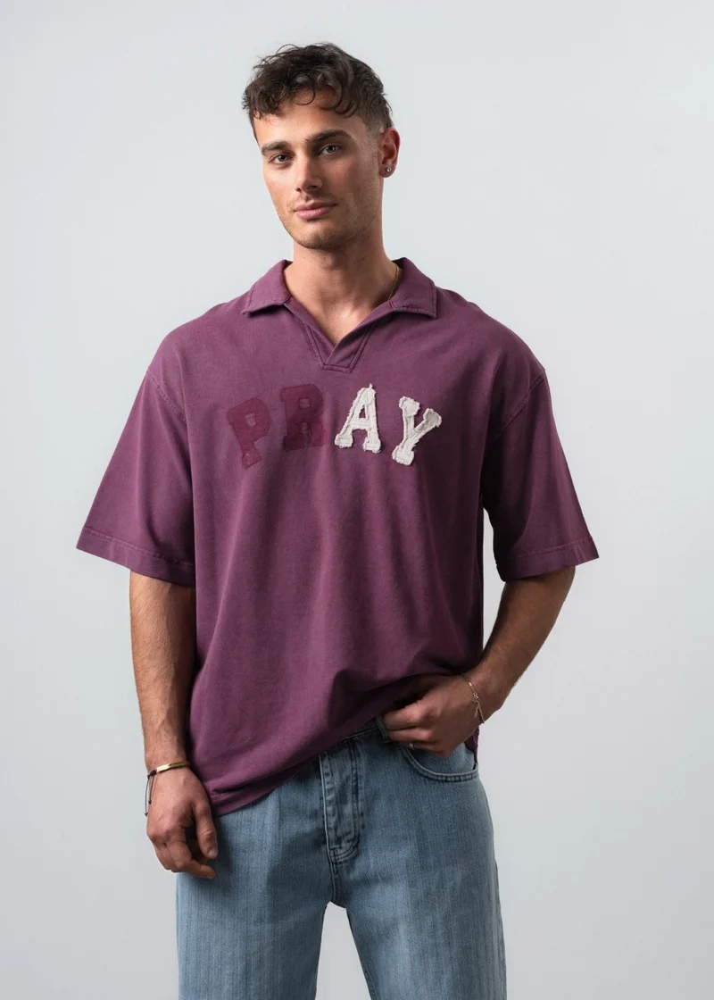 Men's Pray Embroidered Polo Collar Oversize T-Shirt Cherry Red