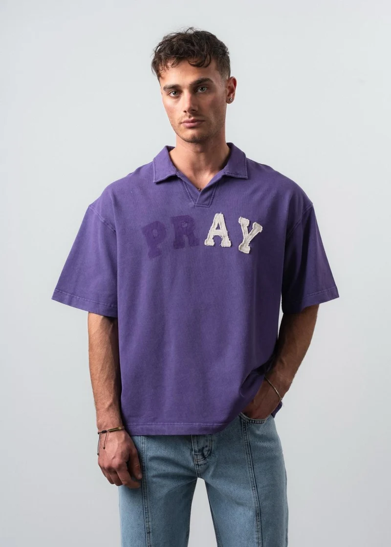 Men's Pray Embroidered Polo Collar Oversize T-Shirt Purple