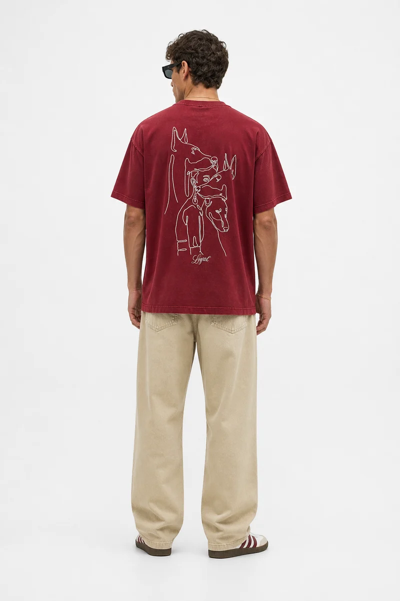 Men's Embroidered Washed Oversize T-Shirt, Burgundy