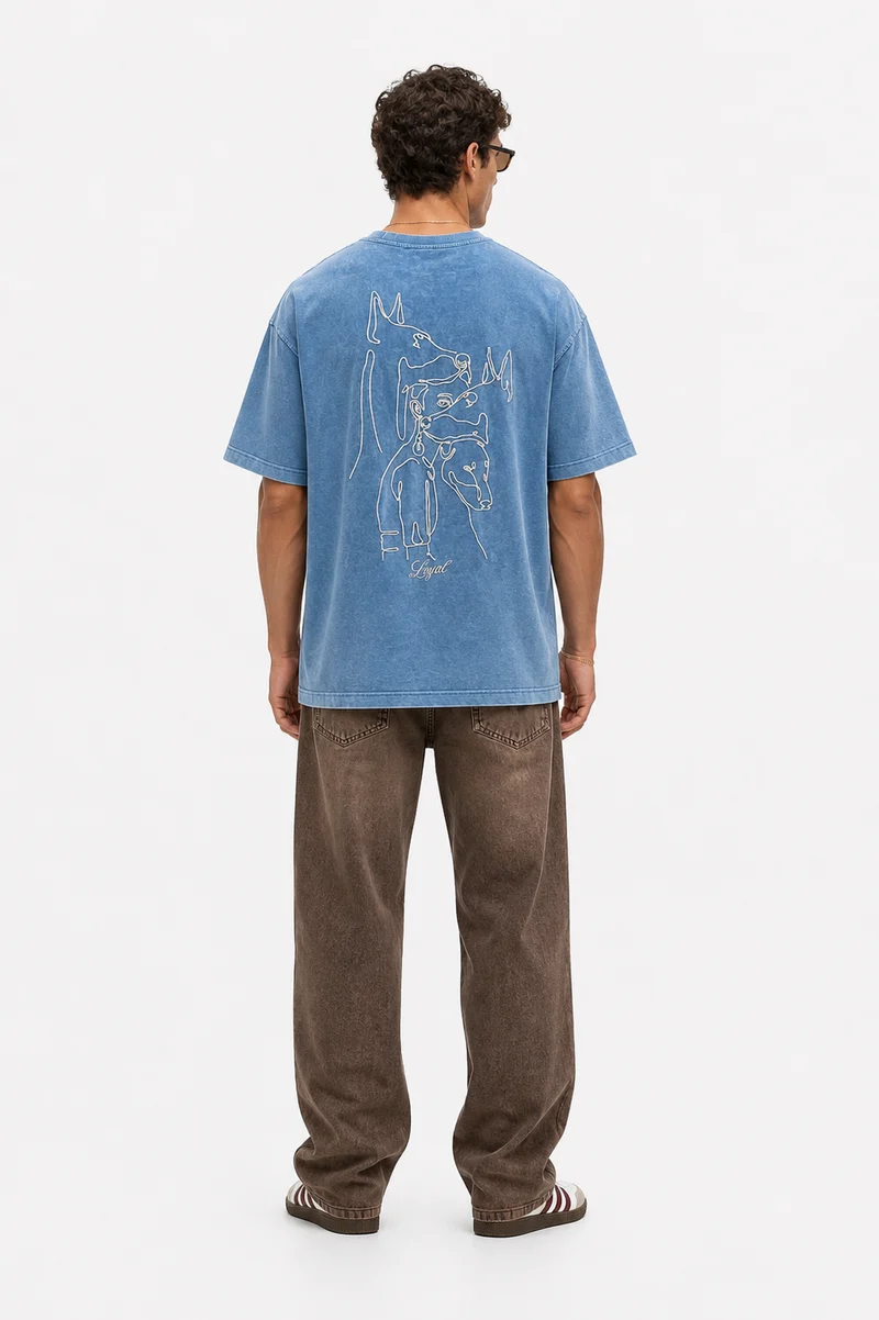 Men's Embroidered Washed Oversize T-Shirt, Blue