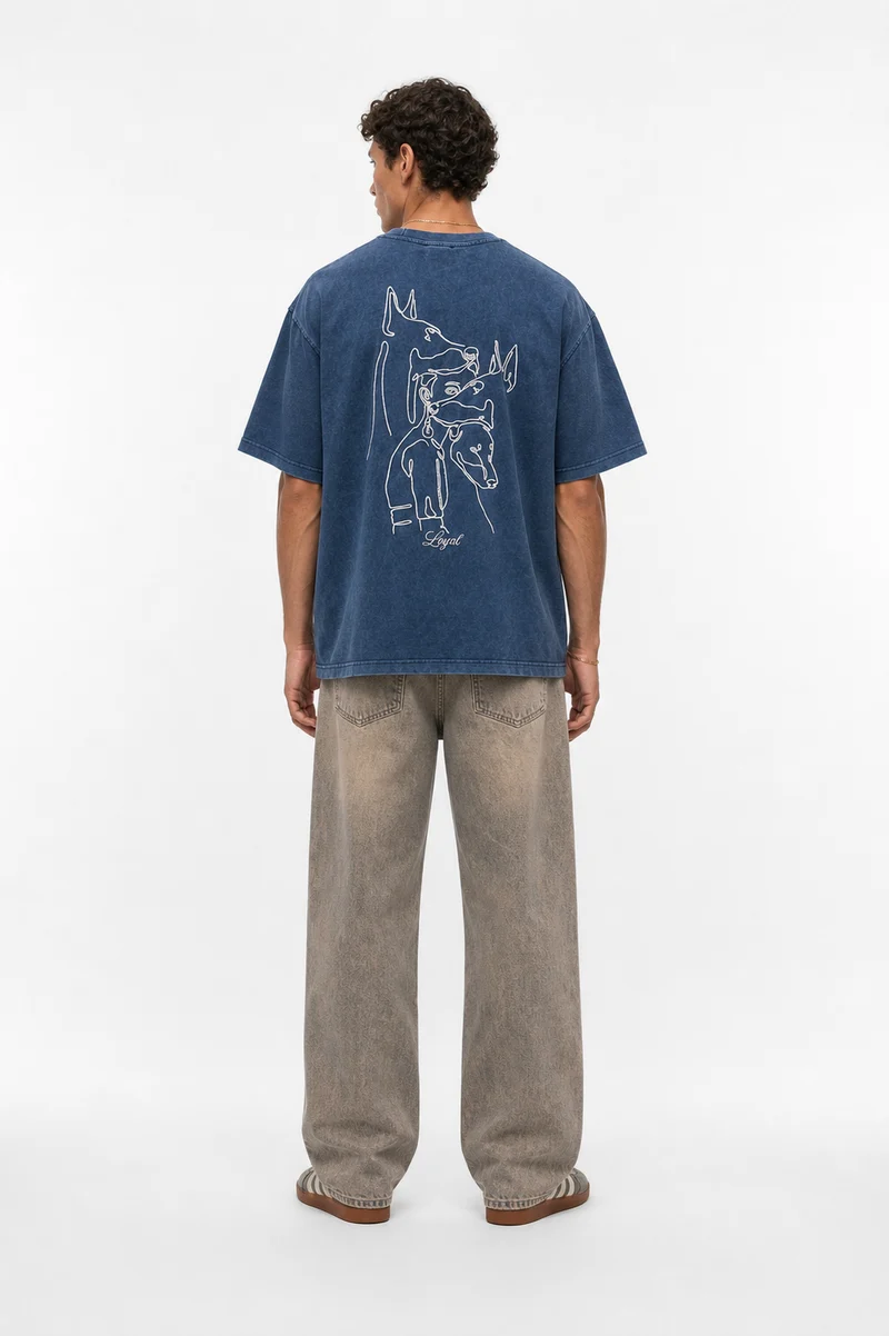Men's Embroidered Washed Oversize T-Shirt, Navy Blue