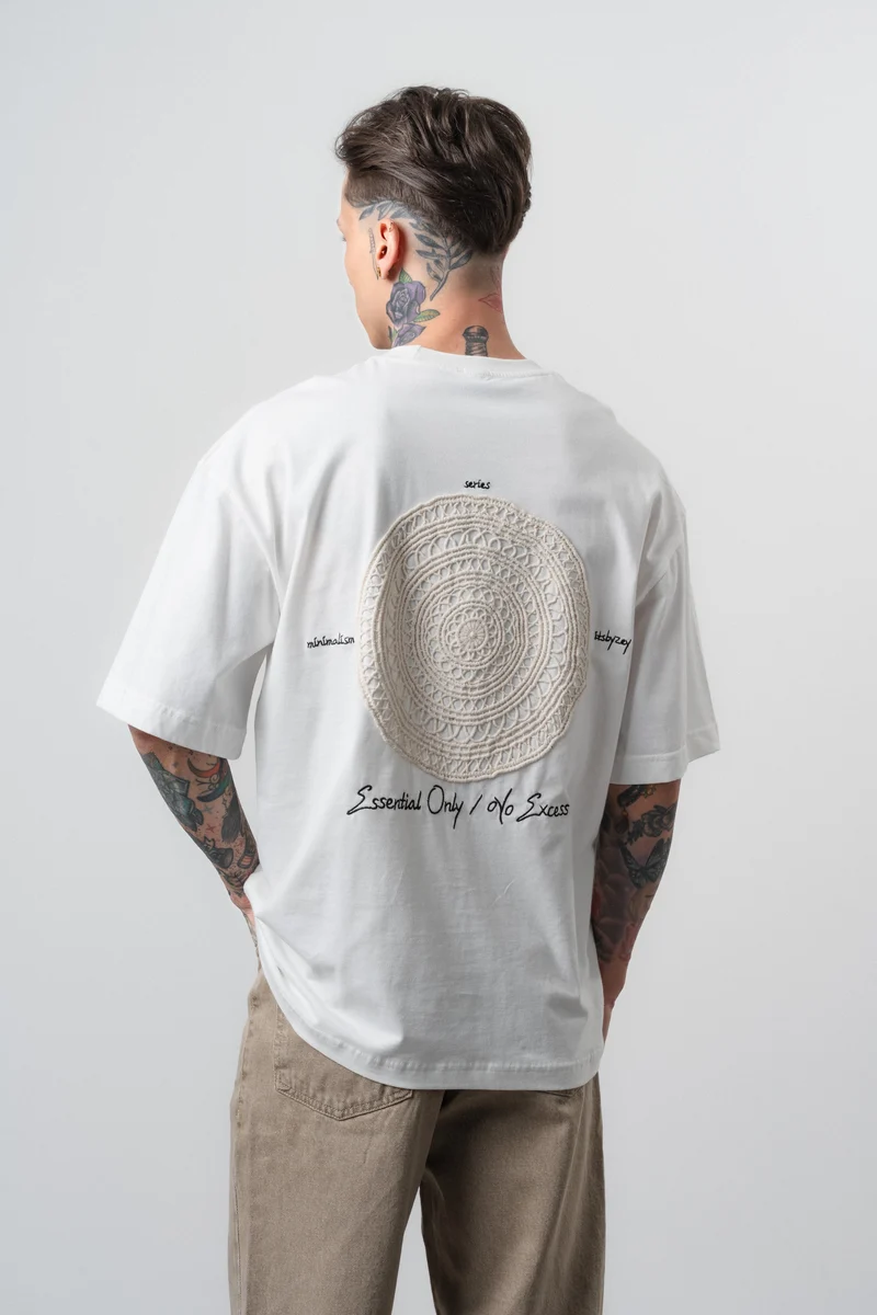 Men's Essential Oversize T-Shirt with Embroidered Detail, Ecru