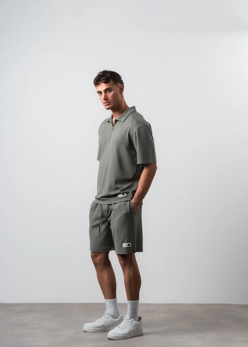 Men's Polo Collar Regular Fit T-shirt and Shorts Set Khaki