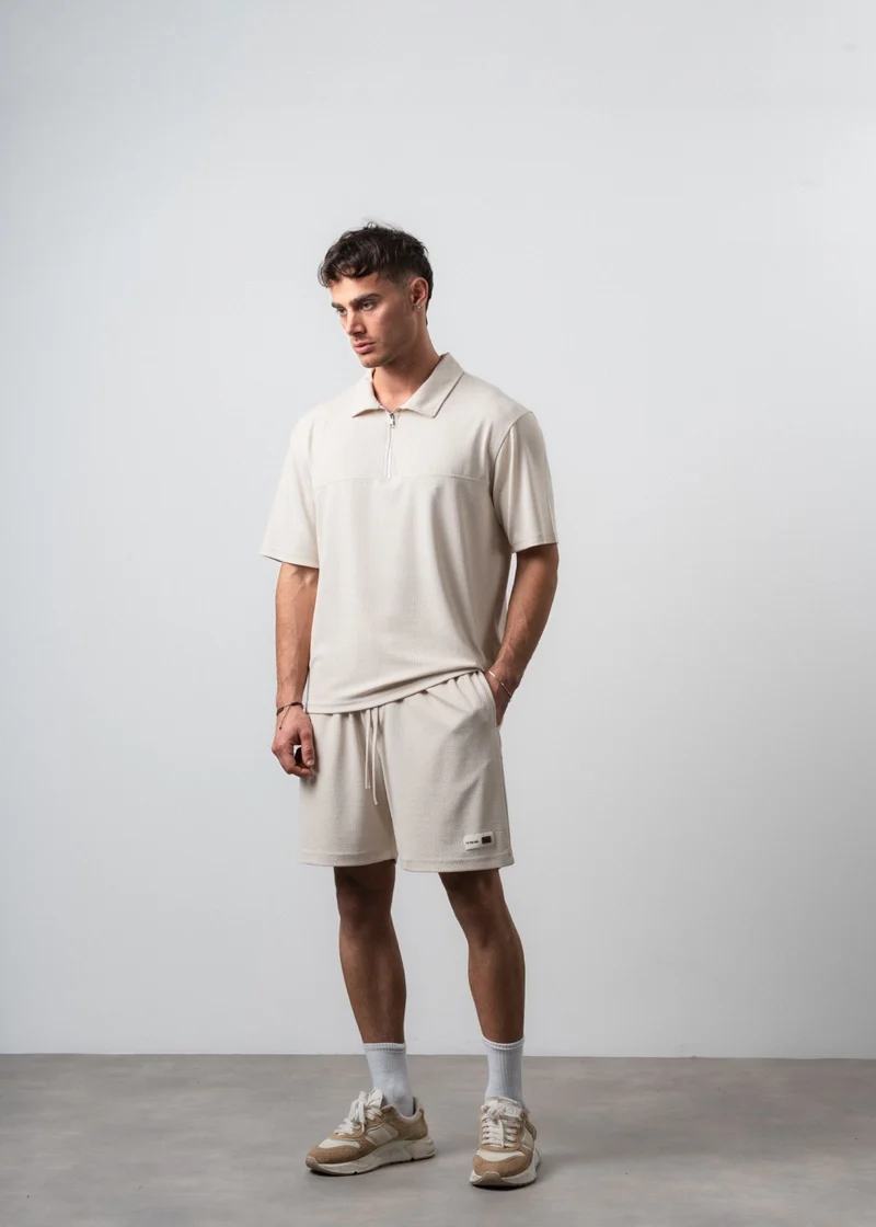 Men's Polo Collar Regular Fit T-shirt and Shorts Set Beige